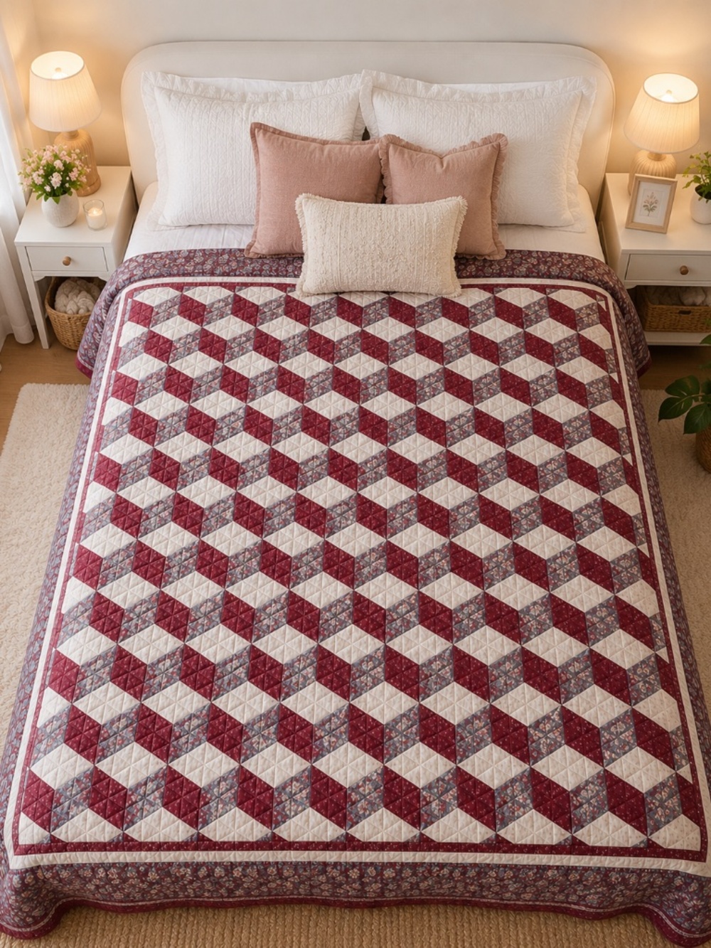 Handmade Patchwork Quilt Burgundy Floral Queen Size Cottagecore Blanket